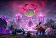 A giant pink-and-green Dynamax Ralts faces a team of Pokémon in a glowing battle arena.