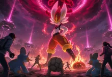 Gigantamax Cinderace towers over silhouetted trainers in a fiery Pokémon GO battle scene.