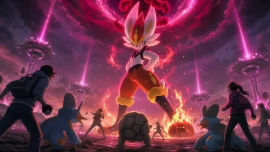 Gigantamax Cinderace towers over silhouetted trainers in a fiery Pokémon GO battle scene.