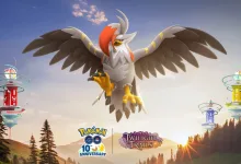 Mega Staraptor spreads its wings above Pokémon GO Gyms at sunset.