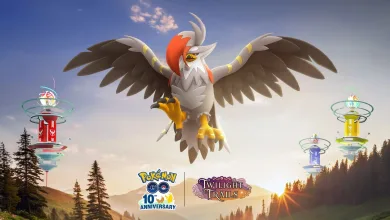 Mega Staraptor spreads its wings above Pokémon GO Gyms at sunset.