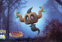 Phantump floating in a misty forest in Pokémon GO artwork