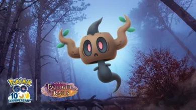 Phantump floating in a misty forest in Pokémon GO artwork