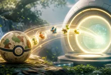 A patterned capture ball and small creatures move along a glowing trail toward a portal, illustrating a Pokémon GO transfer to Pokémon HOME.