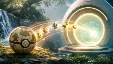 A patterned capture ball and small creatures move along a glowing trail toward a portal, illustrating a Pokémon GO transfer to Pokémon HOME.