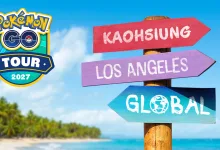 Pokémon GO Tour 2027 logo beside directional signs labeled Kaohsiung, Los Angeles, and Global