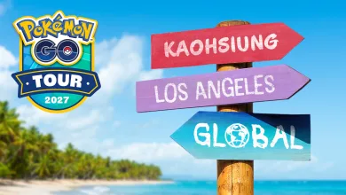 Pokémon GO Tour 2027 logo beside directional signs labeled Kaohsiung, Los Angeles, and Global