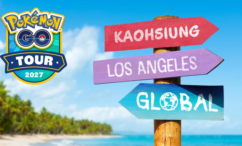 Pokémon GO Tour 2027 logo beside directional signs labeled Kaohsiung, Los Angeles, and Global