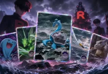 A Lapras trading card is centered among four other Pokémon promo cards, with Team Rocket-inspired figures and red R symbols in the background.