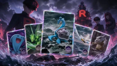 A Lapras trading card is centered among four other Pokémon promo cards, with Team Rocket-inspired figures and red R symbols in the background.
