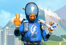 A blue-suited PowerWash Simulator 2 character holds a power washer and raises one hand in front of a mountain landscape.