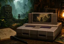 A Super Nintendo-style console displays a jungle scene with a lone figure near ancient ruins, beside an archival notebook and lantern.
