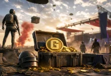 A gold G-COIN sits in an open supply crate on a battle-royale field as soldiers and parachute drops fill the background.