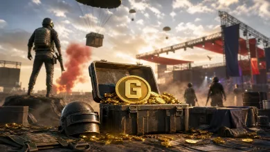 A gold G-COIN sits in an open supply crate on a battle-royale field as soldiers and parachute drops fill the background.