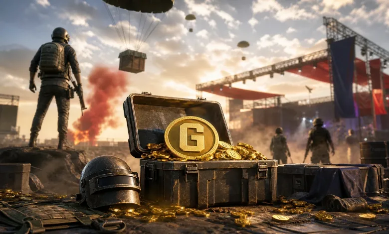 A gold G-COIN sits in an open supply crate on a battle-royale field as soldiers and parachute drops fill the background.