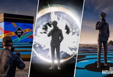 Satoru Gojo stands inside a bright circular domain effect in a PUBG: BATTLEGROUNDS and Jujutsu Kaisen collaboration scene.