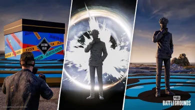 Satoru Gojo stands inside a bright circular domain effect in a PUBG: BATTLEGROUNDS and Jujutsu Kaisen collaboration scene.