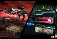 PUBG: Battlegrounds store artwork showing a skeleton-themed rifle beside a crate and colorful cosmetic item panels