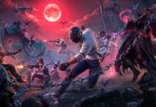 PUBG Mobile characters fight vampire-like enemies beneath a red moon in a dark fantasy battlefield