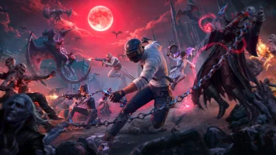 PUBG Mobile characters fight vampire-like enemies beneath a red moon in a dark fantasy battlefield