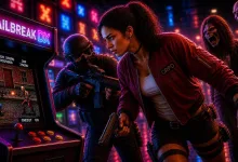 Railbreak DX artwork showing survivors armed near an arcade cabinet while zombies approach