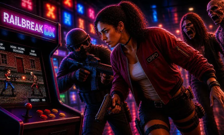 Railbreak DX artwork showing survivors armed near an arcade cabinet while zombies approach