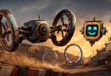 A rusted racing drone flies through glowing hoops in a dusty wasteland arena.
