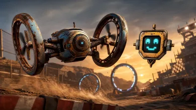 A rusted racing drone flies through glowing hoops in a dusty wasteland arena.