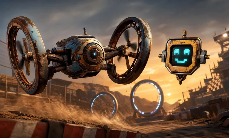 A rusted racing drone flies through glowing hoops in a dusty wasteland arena.