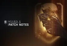 Rainbow Six Siege Y11S3.1 patch notes graphic showing a shield-like device in warm golden light