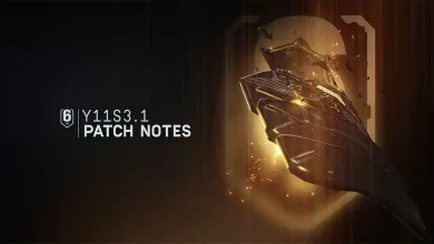 Rainbow Six Siege Y11S3.1 patch notes graphic showing a shield-like device in warm golden light