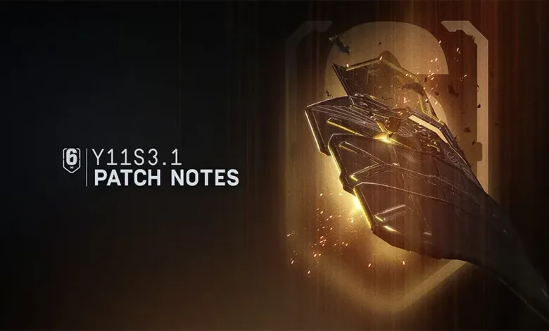 Rainbow Six Siege Y11S3.1 patch notes graphic showing a shield-like device in warm golden light