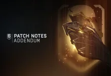 Rainbow Six Siege Y11S3 Patch Notes Addendum artwork showing a shield-like operator device beside the patch notes title