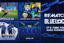 Rematch and Blue Lock event graphic showing the Aura Striker game mode, character choices, themed rewards, and progression panels.