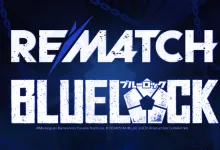 Rematch and Blue Lock logos appear together in a dark blue crossover graphic