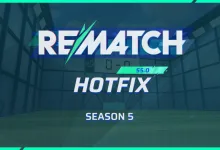 Rematch Season 5 Hotfix graphic showing the 5.0 update title over a goalkeeper area