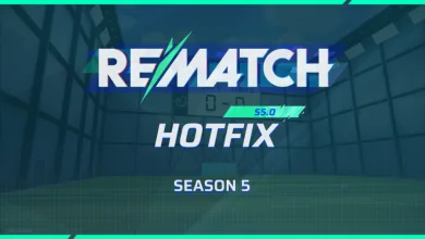 Rematch Season 5 Hotfix graphic showing the 5.0 update title over a goalkeeper area