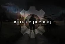 A survivor stands on a forest road beneath a large gear emblem; the artwork reads Build 2 [0.2.0.0].