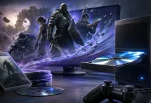 A desktop PC with its optical disc tray open, a game disc nearby, and a fantasy game scene displayed on a monitor.
