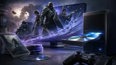 A desktop PC with its optical disc tray open, a game disc nearby, and a fantasy game scene displayed on a monitor.