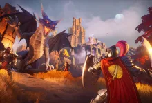 A shield-bearing adventurer faces a dragon near a castle in RuneScape: Dragonwilds.