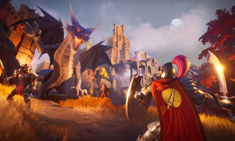 A shield-bearing adventurer faces a dragon near a castle in RuneScape: Dragonwilds.