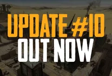 SAND: Raiders of Sophie Update #10 artwork showing a desert settlement with industrial structures and smoke in the background