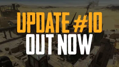 SAND: Raiders of Sophie Update #10 artwork showing a desert settlement with industrial structures and smoke in the background