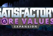 Satisfactory Core Values Expansion title graphic over a dark cavern background.