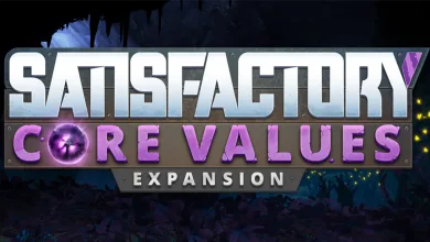 Satisfactory Core Values Expansion title graphic over a dark cavern background.