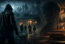 Conceptual scene of a hooded killer approaching a group outside a rainy cabin, evoking the canceled Scream Prototype multiplayer horror game.