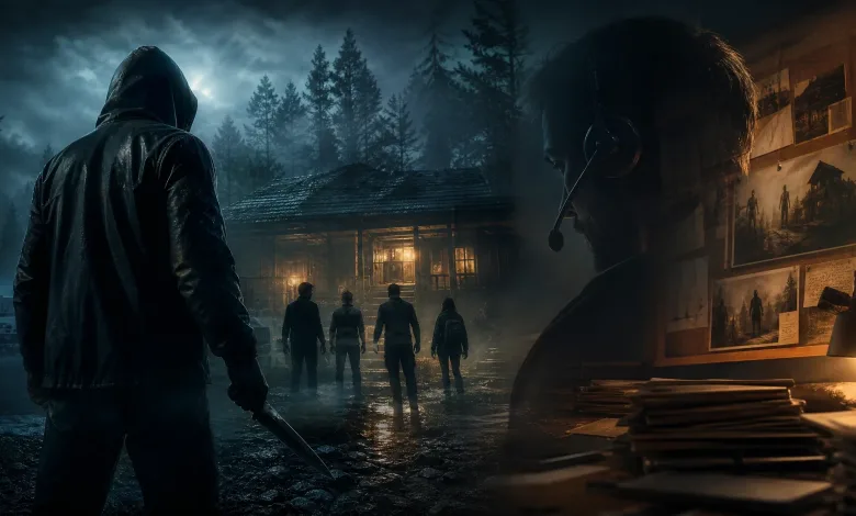 Conceptual scene of a hooded killer approaching a group outside a rainy cabin, evoking the canceled Scream Prototype multiplayer horror game.