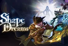 Official Shape of Dreams artwork showing several characters in a dramatic fantasy battle scene, with the game's logo on the left.
