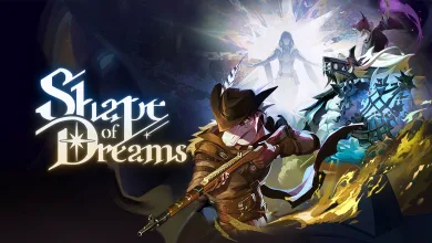 Official Shape of Dreams artwork showing several characters in a dramatic fantasy battle scene, with the game's logo on the left.